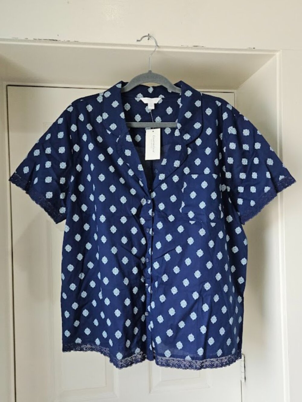 Charter Club Blue 100% Cotton Sleep Shirt Button Front Navy Lace Top New Tag XL